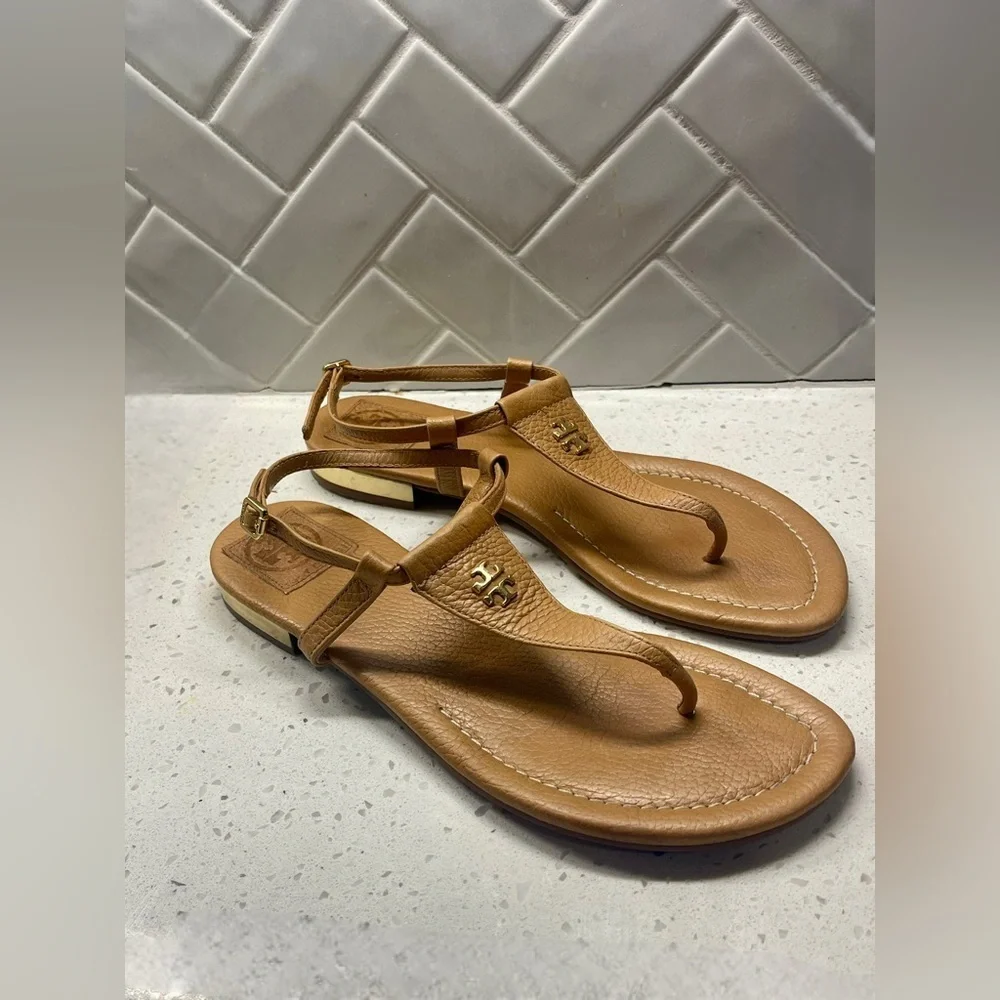 Tory Burch Tan Leather T Strap Sandals Gold Logo Size 8.5